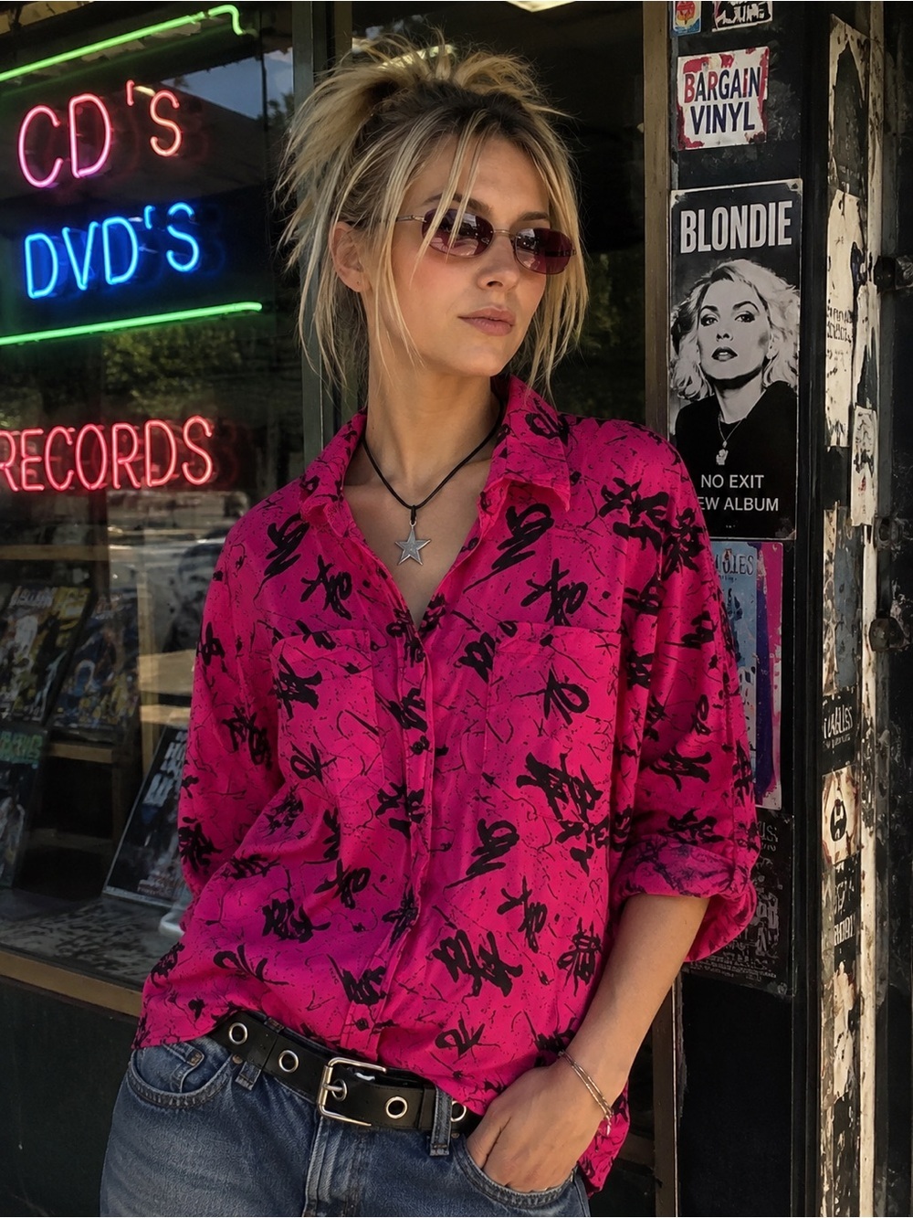 VTG Pelican Cove Pink 80s Retro Abstract Graffiti Print Button Up Shirt blouse